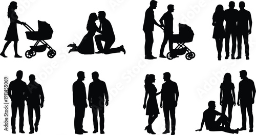 Family and relationship silhouettes set, mother with stroller, couple kissing, friends talking, father playing with children, black and white vector.