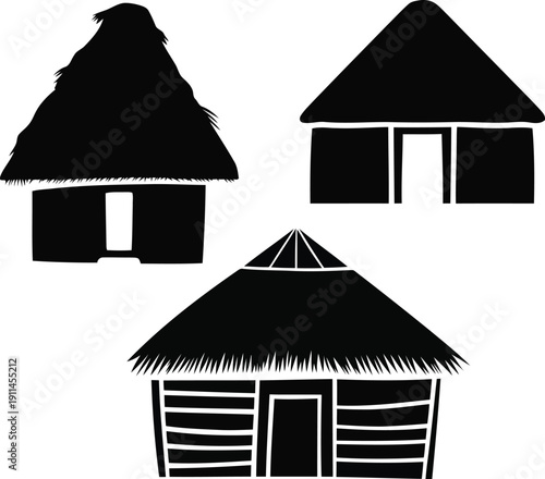Traditional thatched roof huts collection in simple black silhouette