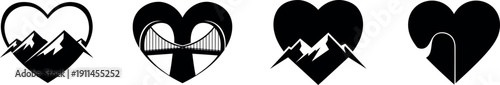Heart nature black icons with mountains and bridge silhouette vector set isolated on transparent background
