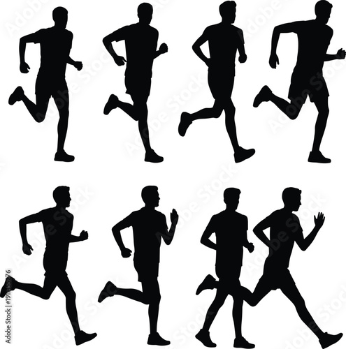 Running motion silhouette vector illustration showing eight dynamic phases of person sprinting, athletic stride sequence, biomechanics study, sports training animation design movement