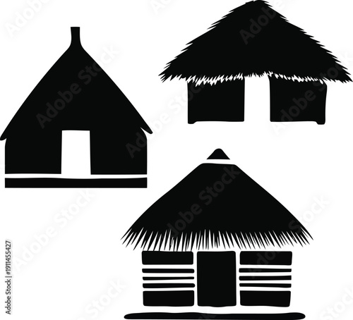 Traditional African hut silhouettes in black