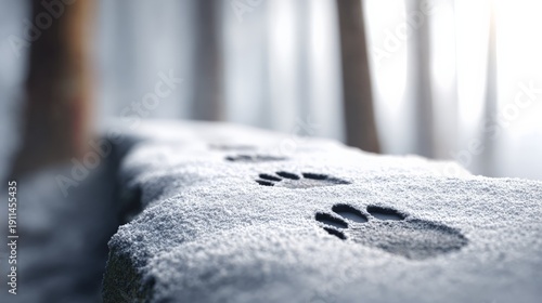 Wallpaper Mural Paw prints crossing a snow covered low stone wall in a tranquil winter forest evoke a sense of mystery and adventure, inviting exploration through the serene landscape Torontodigital.ca