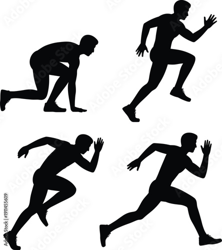 Running motion silhouette vector illustration showing four dynamic phases of sprinting person, athletic stride sequence, biomechanics study, sports training animation design movement