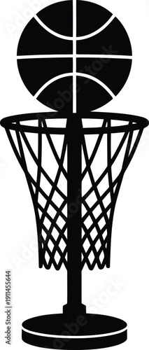Black basketball hoop with ball on rim in modern graphic style