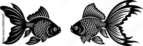 Two Stylized Black and White Goldfish Silhouette Vector Illustration for Tattoo Logo or Decorative Design Element