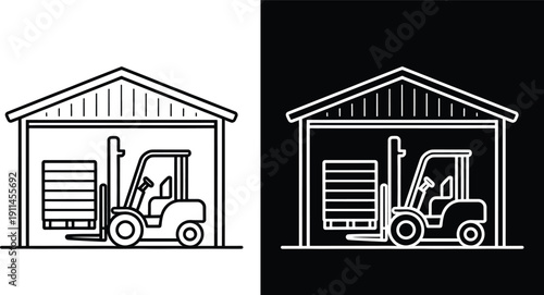 Forklift in front of a warehouse with a pallet industrial logistics