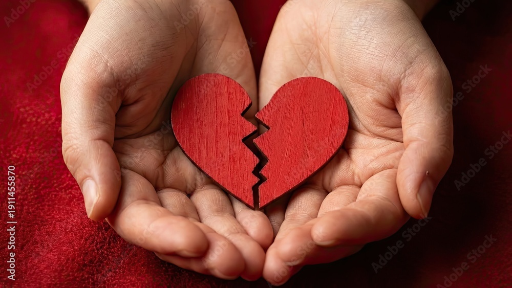Obraz premium Fragmented Heart: A tender portrayal of a broken heart, cradled gently within open hands, embodying the delicate process of healing and emotional mending.