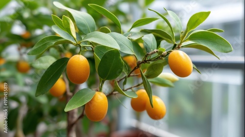 Lush kumquat tree full of ripe citrus fruits in home greenhouse, representing sustainable indoor farming trend 