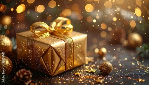 Luxury Present Featuring Gold Ribbon and Shimmering Decorations