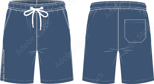 Men Blue Swimming Trunks Mockup, Front and Back View of Sporty Board Shorts, Summer Beachwear Apparel Design Template Vector Illustration