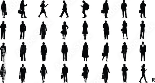 Business people silhouettes walking collection, urban commuters vector illustration isolated on white background set
