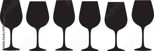 Black Solid Textured Base Wine Glasses Silhouettes Set of Six on White Background