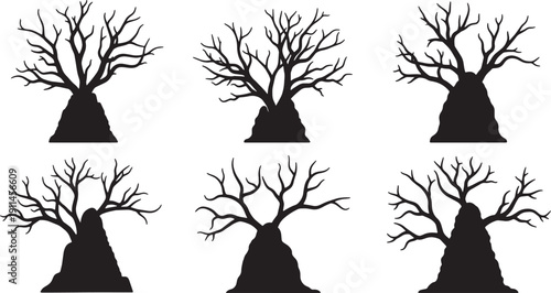 Black Solid Termite Mound Tree Silhouettes Set of Six on White Background