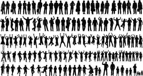 People silhouettes mega set, business celebration running poses vector illustration isolated on white