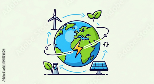 Earth with renewable energy sources and eco friendly symbols around it representing sustainability and green technology