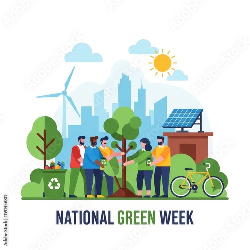 People planting tree for National Green Week with solar panel