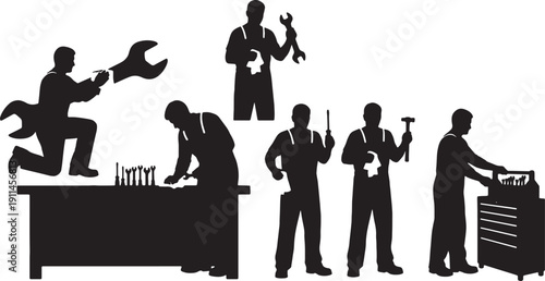 Black Solid Mechanic Cleaning Tools Silhouettes Set of Six on White Background