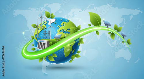 Eco friendly globe with green energy solutions and leafy elements on a blue background with world map