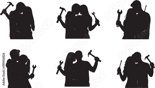 Black Solid Tools Repair Build Hugs Set of Six on White Background