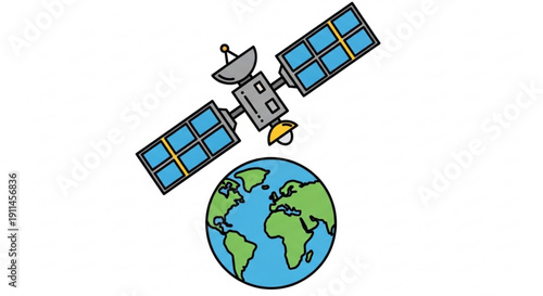 Satellite orbits earth with solar panels and antennae in space symbolizing global communication and navigation technology