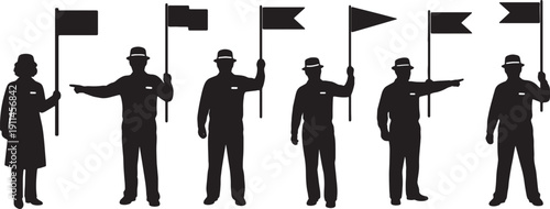 Black Solid Tour Guide Flag Silhouettes Set of Six on White Background