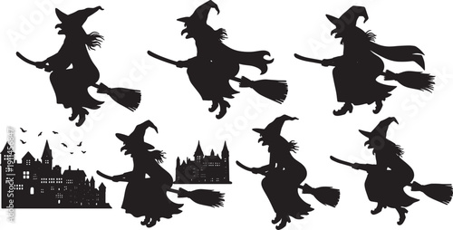 Black Solid Town Observing Witch Silhouettes Set of Six on White Background