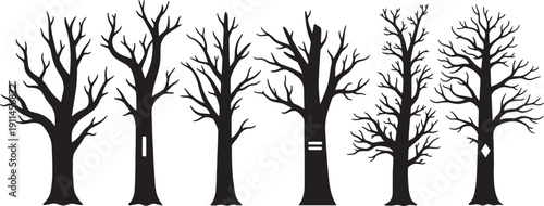 Black Solid Trail Marker Tree Silhouettes Set of Six on White Background