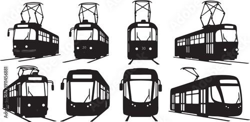 Black Solid Different Types of Tram and Streetcar Silhouettes Set of Six on White Background