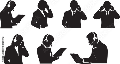 Black Solid Translator Speech Silhouettes Set of Six on White Background