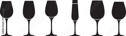 Black Solid Unadorned Simplicity Wine Glasses Silhouettes Set of Six on White Background