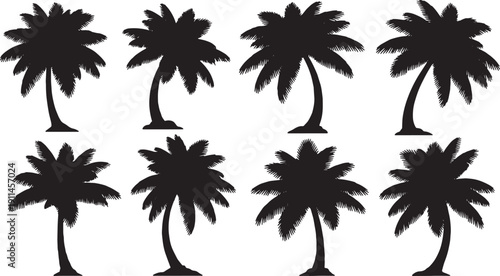 Black Solid Tropical Palm Tree Silhouettes Set of Six on White Background