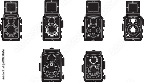 Black Solid Twin-Lens Reflex Camera Silhouettes Set of Six on White Background