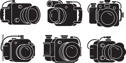 Black Solid Underwater Archaeological Camera Silhouettes Set of Six on White Background