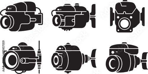 Black Solid Underwater Robotic Camera Silhouettes Set of Six on White Background