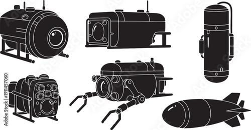 Black Solid Underwater ROV Camera Silhouettes Set of Six on White Background