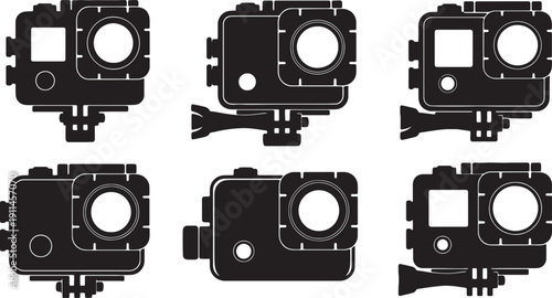 Black Solid Underwater Sports Camera Silhouettes Set of Six on White Background