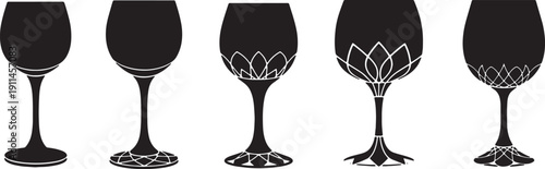 Black Solid Unique Foot Wine Glasses Silhouettes Set of Six on White Background