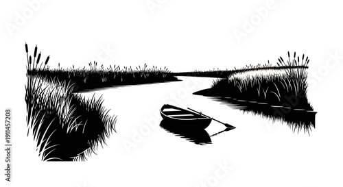 Black and white illustration of a small boat on a calm river surrounded by tall reeds and grasses.