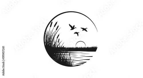 Minimalist black and white circular illustration of ducks flying over a serene lake at sunset with reeds.
