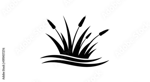 Black silhouette of cattails and reeds growing in water, a simple graphic design element.