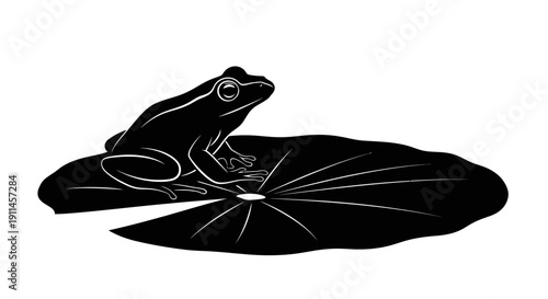 Black silhouette of a frog sitting on a lily pad, isolated on a white background, vector illustration.