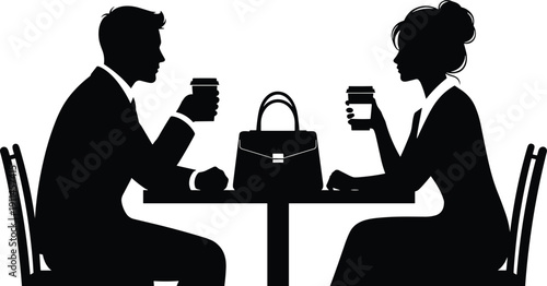 Silhouette of business man and woman sitting at a cafe table drinking coffee, having a professional meeting or romantic date, isolated on white