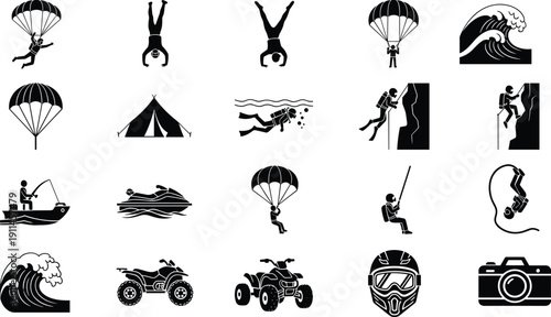Vector illustration of outdoor adventure icons including skydiving, bungee jumping, scuba diving, rock climbing, fishing, jet ski, camping, and extreme sports