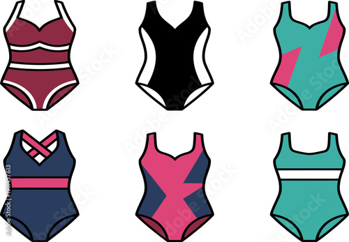 Collection of six swimsuits in various colors and designs