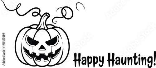 Halloween pumpkin jack-o’-lantern vector illustration, spooky festive design with curly vines, jagged mouth, triangular eyes, and Happy Haunting text