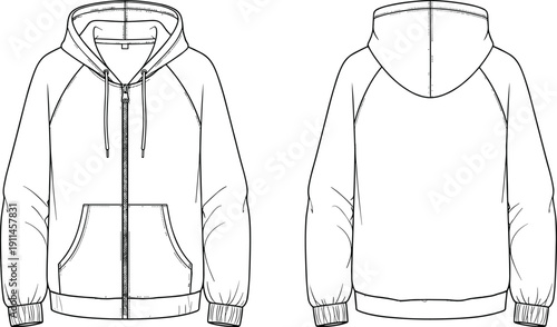 Zip Up Hoodie Technical Mockup for Men, Front and Back View Hooded Sweatshirt Flat Sketch, Apparel Design Template Vector Illustration,