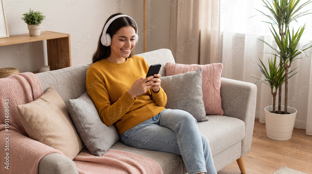 Obraz premium Smiling woman listening to music with headphones while using smartphone on sofa 