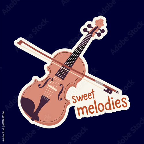 Vibrant violin sticker with sweet melodies text on dark background