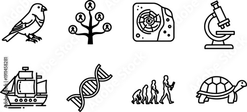Darwin Day scientific icons vector set celebrating evolution and biology