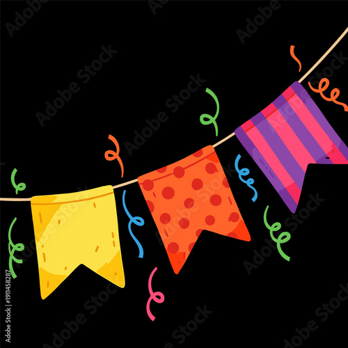 Vibrant party flags hanging on colorful string with festive ribbons and streamers